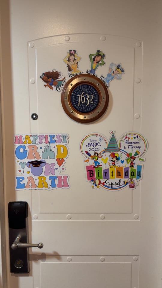 Four princess around the door number and two more magnets underneath the door on our first Disney cruise