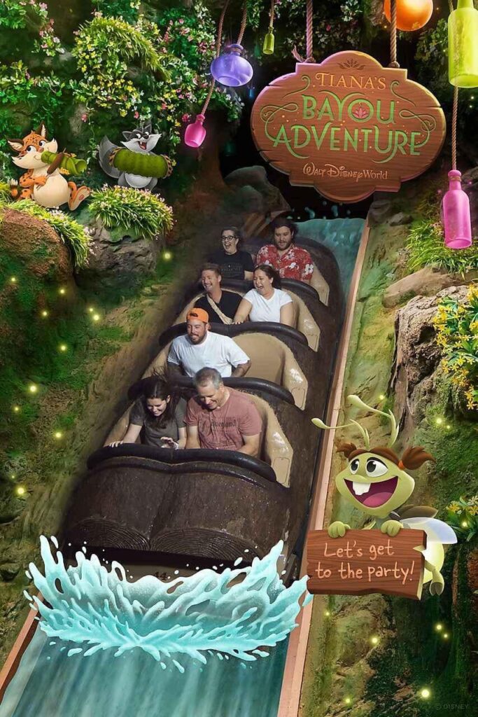 Four people inside a log plume ride at Magic Kingdom's Tiana's Bayou Adventure