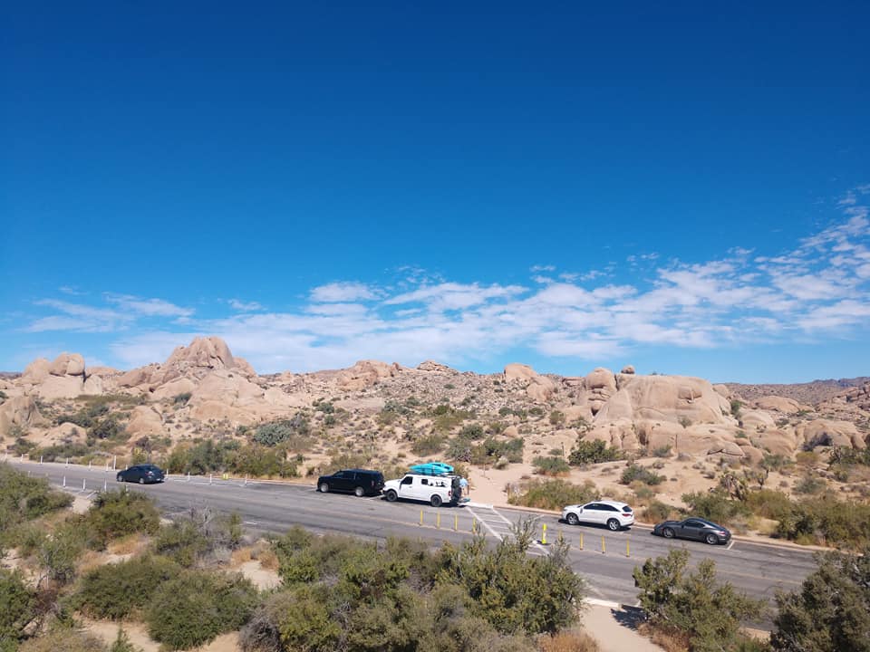 A van off in the distance at Joshua Tree National park