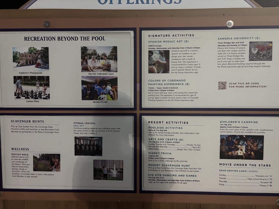 A picture of the acitivities they had available at Disney's Coronado Springs Resort in June 2025
