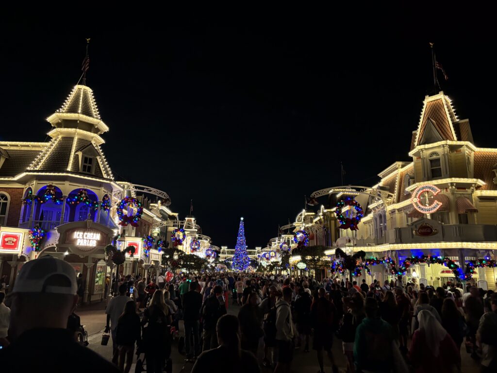 Magic Kingdom at night during Christmas Tips for Disney World at Christmas