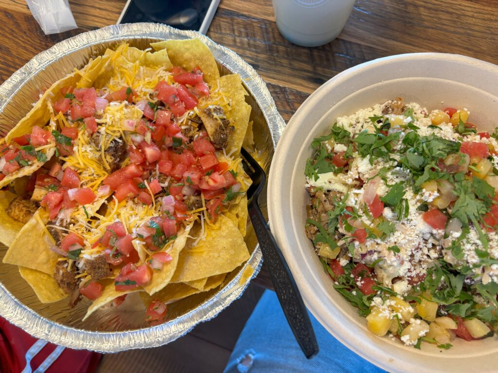A nacho bowl and a veggie bowl at the Burrito Shak on our Los Angeles to Dallas Road Trip